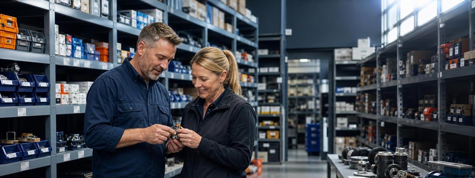 Two people identifying a component in the stockroom